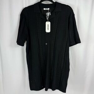 Coofandy Men's Button Up Shirt Size L Short Sleeve Collared Black Resortwear